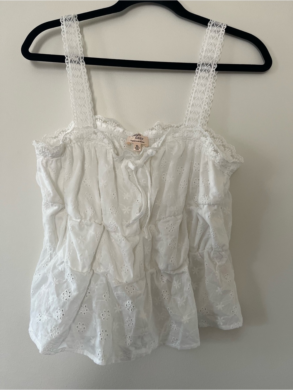 100% Cotton White Eyelet Lace Trim Peasant Tank Top Cottagecore XL Coquette